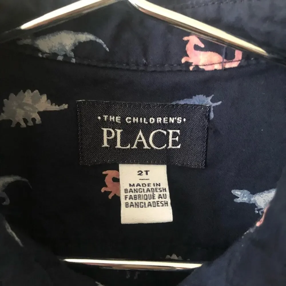 The Children’s Place dinosaur print long sleeve button down shirt navy blue